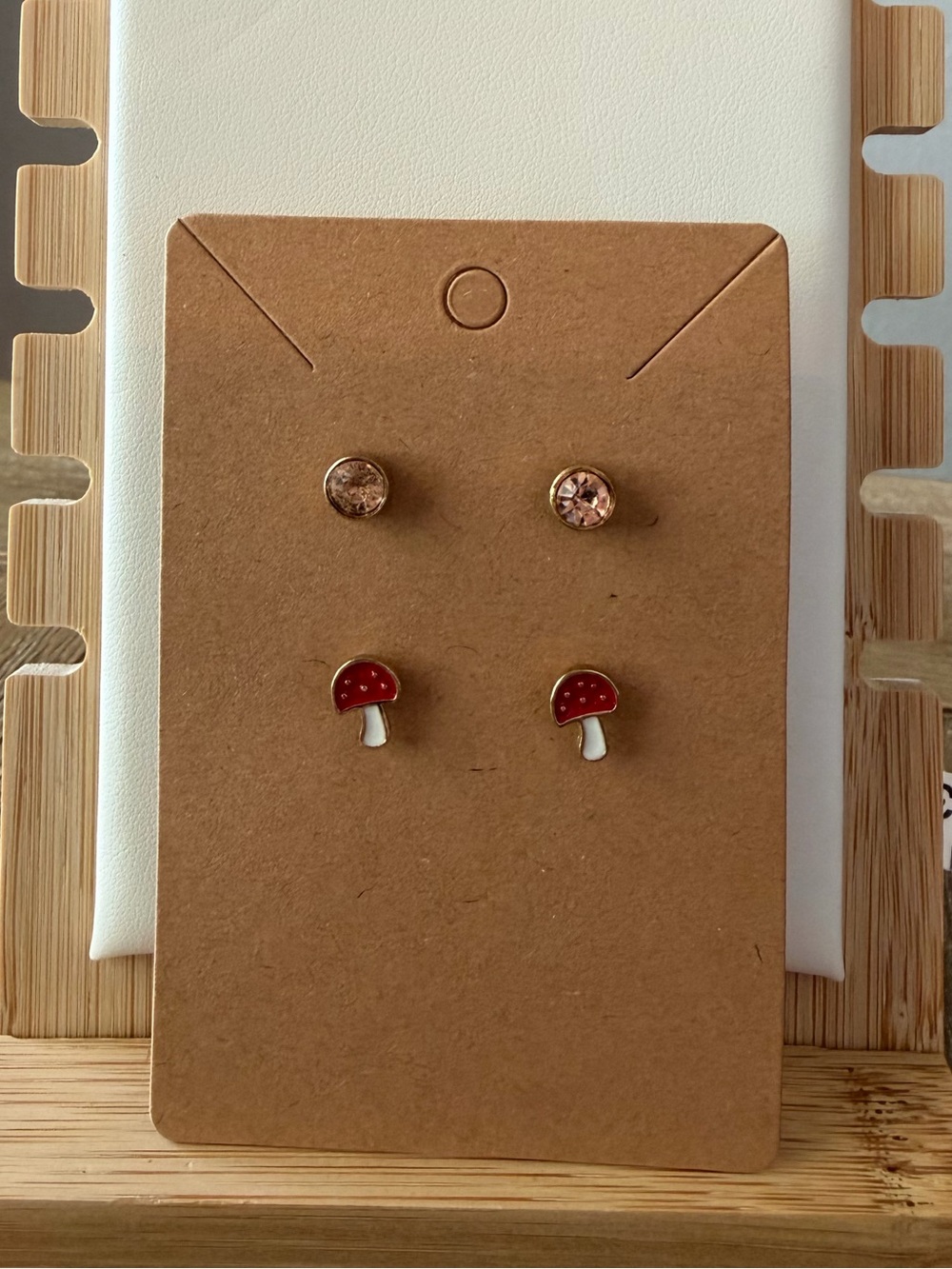 Mushroom & Pink Crystal Stud Earring Set, New